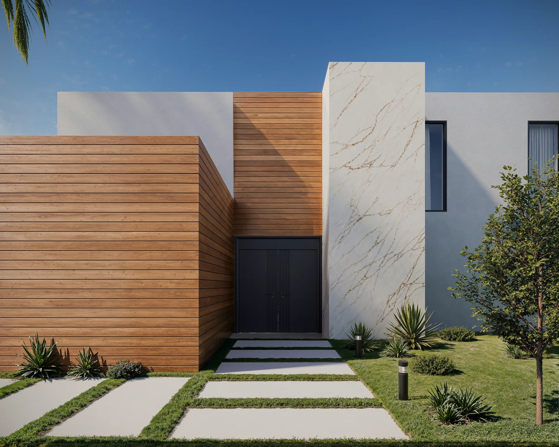 Villa Carolina entrance in timber and veined stone