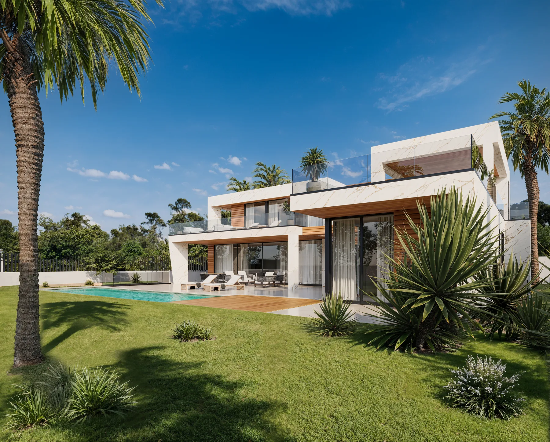 Villa Carolina garden and pool framed by palms