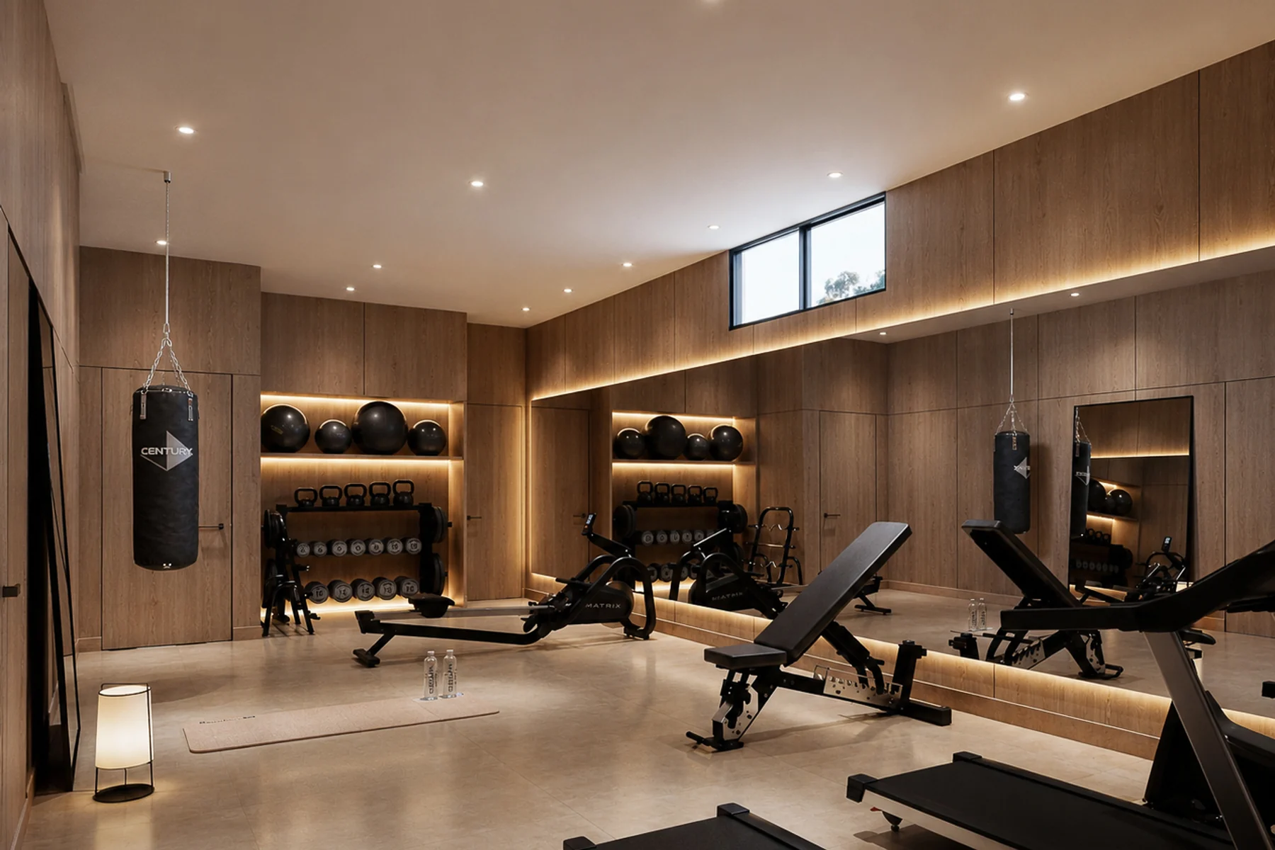 Villa Carolina gym with mirrored wall and warm timber finishes