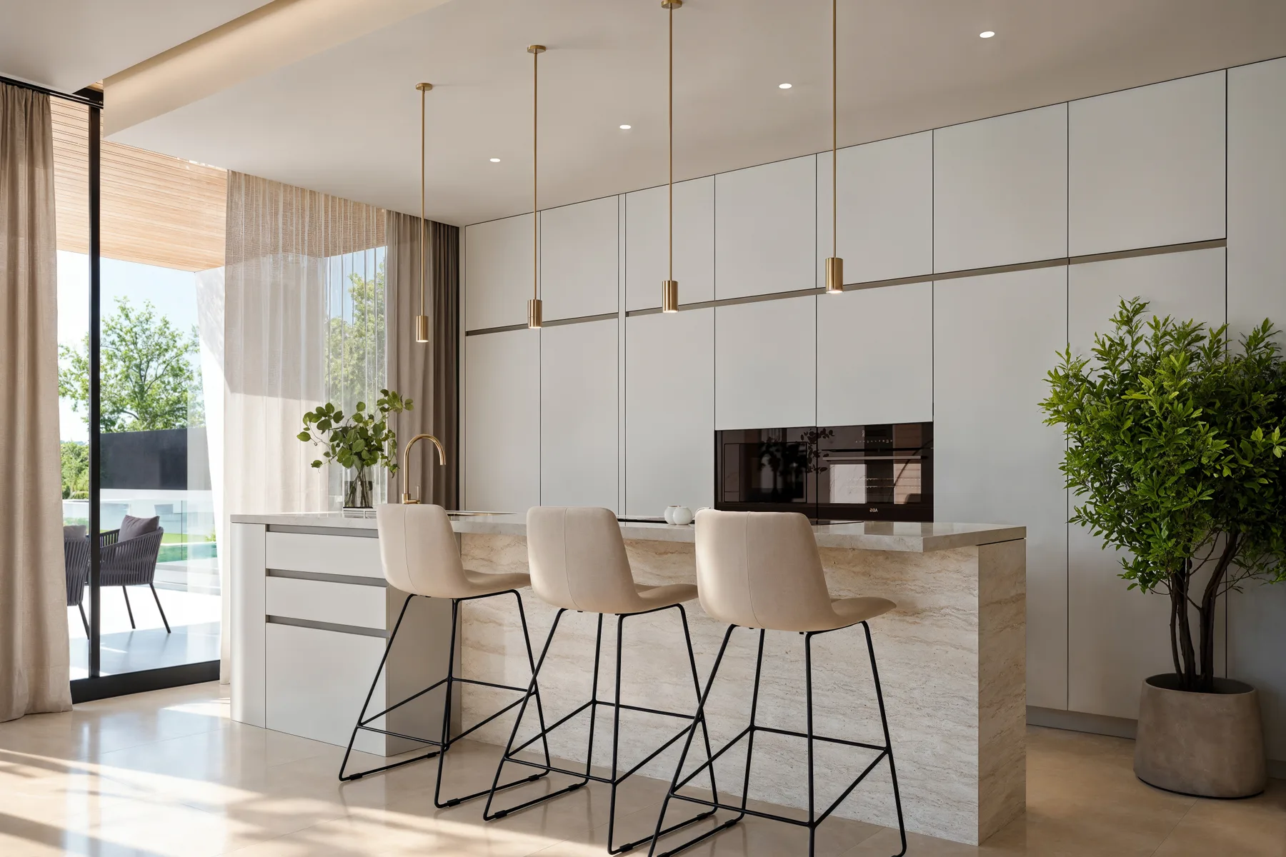 Villa Carolina open kitchen with island and Cosentino surfaces