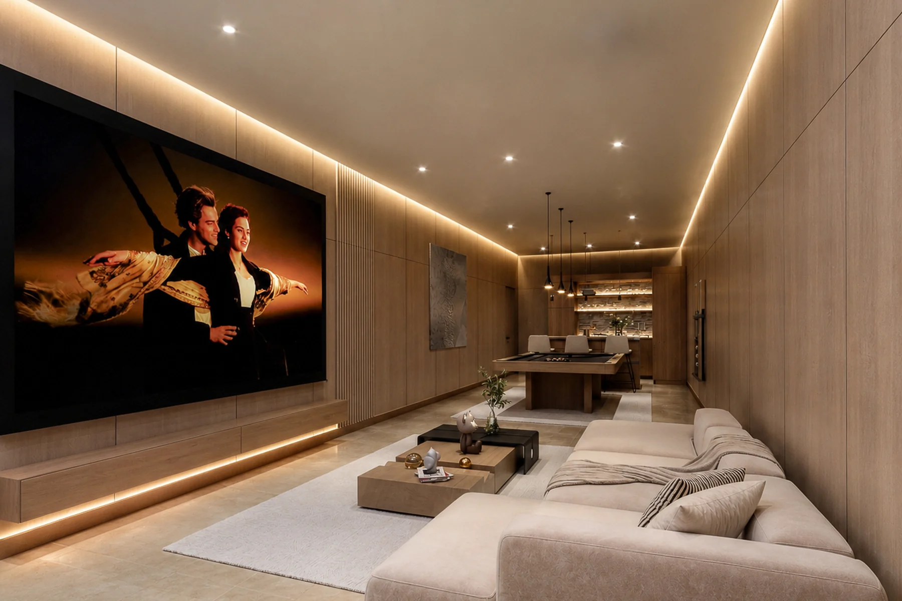 Villa Carolina basement lounge, cinema and games area